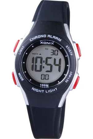 XONIX BAY-A07 - Horloge - Digitaal - Kinderen - Unisex - Siliconen band - ABS - Cijfers - Achtergrondverlichting - Alarm - Start-Stop - Tweede tijdzone - Datumaanduiding - Waterdicht - Zwart - Grjs - Rood - 10 ATM