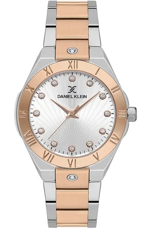 Daniel Klein DK.1.13585-5 - Horloge - Analoog - Dames - Vrouwen - stalen band - Rond - Metaal - Stippen - Romeinse Cijfers - Zilverkleurig - Rosékleurig