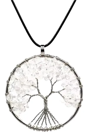 ASTRADAVI Kristal Tree of Life - Hanger - Levensboom Positieve Energie Hanger met Ketting - Chakra Kristal Edelstenen - Wit Kristallen met Zwart Vegan Lederen Koord