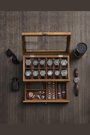 Merkloos 12 Compartments Watch Box Solid Wood Watch Box with Glass Lid Watch Cushion Jewelry Storage Gift for Your Loved Ones Walnut