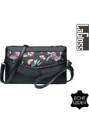 Merkloos LaGloss ECHT LEDER Damestas Bloemen Print 2 - Luxe Zacht Leren Crossbody Handtas - Zwarte Schoudertas - Clutch - 23 x 14 cm