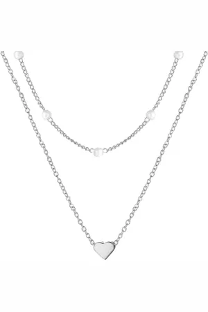 Jaynoi Ketting met hartje en parel kleurig staal (2-delig) - Ketting met hanger dames goud kleurig staal hart en parels - Kettingen dames zilverkleurig - Koppel meisjes ketting sieraden ketting