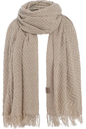 Knit Factory Soleil Sjaal Dames - Katoenen sjaal - Langwerpige sjaal - Wit/Beige zomersjaal - Dames sjaal - Visgraat motief - /Dark Beige - 200x90 cm - XXL Sjaal - 50% katoen/50% acryl