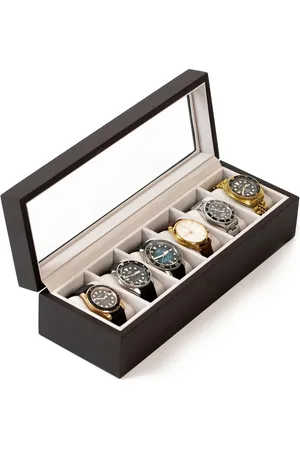 Merkloos Luxe houten horlogebox voor 6 horloges, met glazen venster.