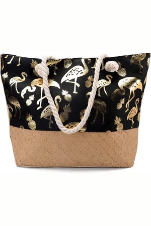 Merkloos Een vrolijke strandtas met een print van een flamingo (55x35cm) gevoerd en afsluitbaar met een rits aan de binnenkant. Een handige tas om veel in mee te kunnen nemen. Afgewerkt met twee handvaten van gedraaid touw. Voor uzelf of als Cadeau.