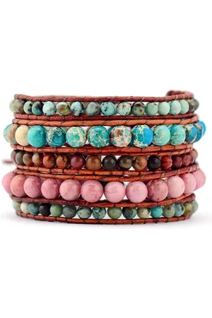 Marama Wikkelarmband Coral Reef - bruin leer - edelsteen jaspis en labradoriet - 83 cm - cadeautje voor haar