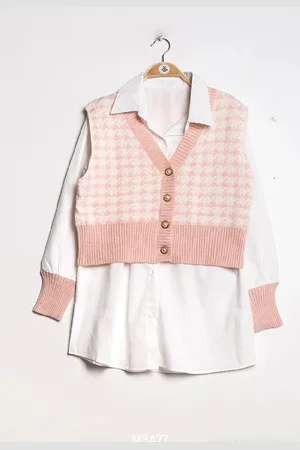 Merkloos Blouse- blouse met gilet- dames blouse- witte blouse- blouse set- gilet set- wollen gilet met blouse- roze- one size- roze dames gilet met blouse