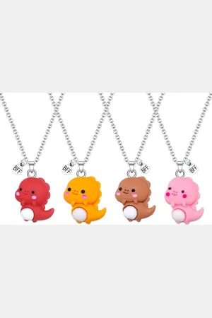 Bixorp Friends BFF Ketting voor 4 met Schattige Dino - Rood, Bruin, Oranje & Roze - Dinosaurus met ei - 45cm + 5cm verstelbaar