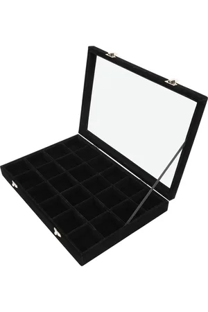 Merkloos Velours Sieraden Organizer Display Case met Glazen Deksel - Grote Stapelbare Doos Tray - Zwart - 24 Secties - Aanpasbare Opslag - Ringen Kettingen Armbanden Oorbellen & Horloges