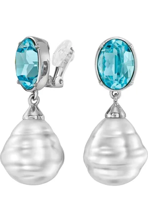 Traveller Clip Oorbellen - Oorclips Dames - Hangers - Barok Parel - 20x17 mm - Wit - Kristallen - Blauw - Geplatineerd - 42x17 mm- 114287