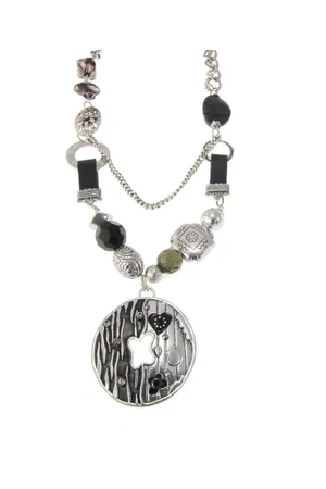 Behave Ketting met ronde hanger met steentjes, imitatieleer, natuursteen en facet geslepen kralen