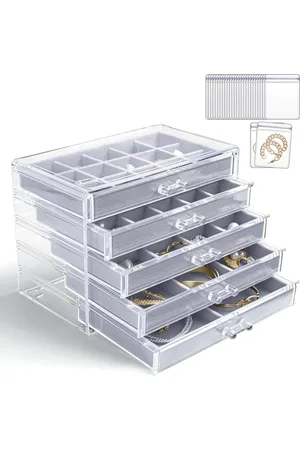 Merkloos Acryl sieradendoosje voor dames, sieradendoosje met 5 lades, sieradenopberger met 20-delige transparante sieradenzakjesset