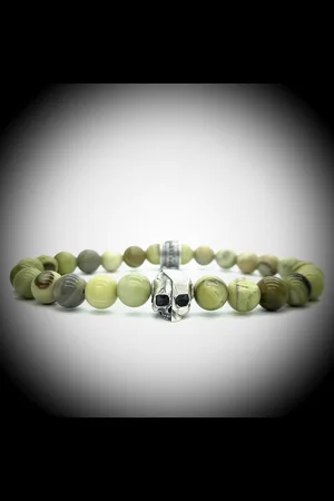 Behave Natuursteen Armband met 925 Sterling Zilver Skull Bedel van 6.1gram Zilver , Handgemaakte Edelsteen Armband met 8mm (Aust. butter Jaspis) kralen .