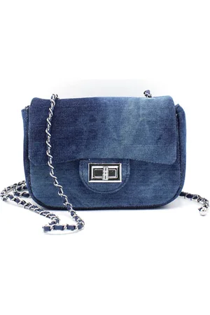 Merkloos Jeans - Denim schoudertas donkerjeans met zilverkleurige metalen schouderband