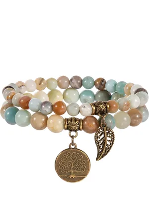 Bixorp Gems Dubbele Armband met Levensboom & Veertje - Edelsteen Kralenarmband met Hanger - Chakra