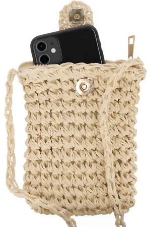sarlini Telefoontasje dames met rits en drukknoop - Schoudertasje telefoon - Gevlochten papierstro