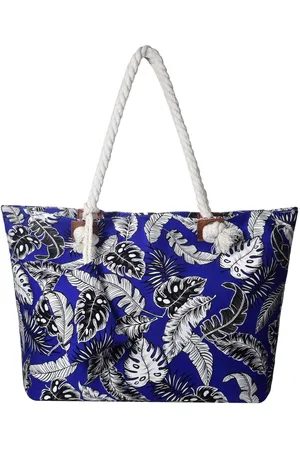 DonDon Blauw grote strandtas bladeren - Schoudertas met ritssluiting - Katoen - Beige