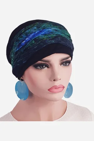 AB Set van zwarte chemomuts en hoofdband blauw groen fantasie print
