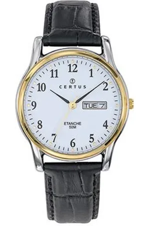 Certus Horloge-Heren-35MM-Duidelijke wijzerplaat-Dag/Datum aanduiding-Cijfers-Zwart Lederen band-Bicolour