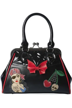 Banned Retro Piratesse Rockabilly Handtas - met mooie Applicaties en Boorduurwerk - Lakaccenten - (bxhxd) ca. 27cm x 18cm x 12cm