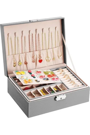 Merkloos Sieradendoos Grote Leather Juwelendoos voor Vrouwen Dames - Grijs - Ringen Oorbellen Armbanden Kettingen - 2 Layer Travel Jewellery Organiser met Slot