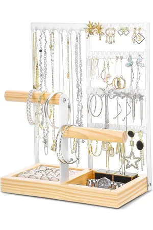 Merkloos Sieradenstandaard voor dames van metaal en houten basis - Opbergstandaard voor sieraden - Armbanden - Halskettingen - Horloges