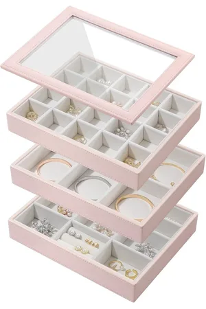 Merkloos Stackable Jewelry Tray Set of 3 with Glass Lid - Jewelry Organizer for Women - Multi-Layer Jewelry Display for Earring Necklace Ring Bracelet - Pink