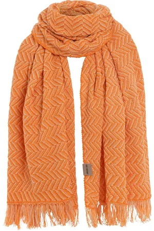 Knit Factory Soleil Sjaal Dames - Katoenen sjaal - Langwerpige sjaal - Wit/oranje zomersjaal - Dames sjaal - /Orange - Visgraat motief - 200x90 cm - XXL Sjaal - 50% katoen/50% acryl