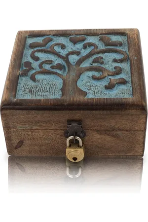 Merkloos Handgemaakte Decoratieve Houten Sieraden Doos - Grote Verjaardagscadeau Met Levensboom Carving - Lock & Key - Sieraden Organizer - Keepsake Box - Schat Borst - Snuisterijhouder - Horloge Doos - Opbergdoos - 12 x 12 cm