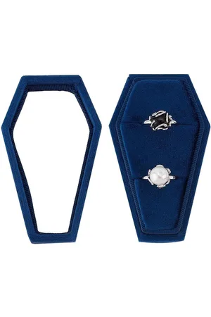 Merkloos Fluweel blauwe Ringsdoos met 2 sleuven voor bruiloften en huwelijksaanzoek ceremonies - Gotische sargring opbergdoos voor verloving - Valentijnsdag sieraden cadeau