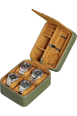Merkloos Horloge organizer opbergen - 5 horloges - robuust - draagbaar - ritssluiting - polshorloges - smartwatches - 50 mm - groen/lichtbruin