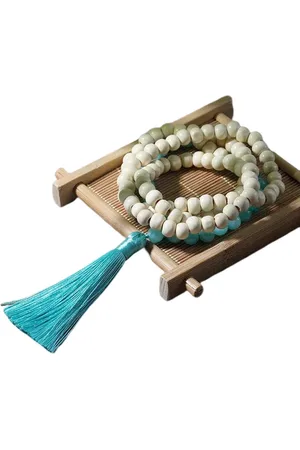 Sparkolia Mala hout amazoniet | Edelsteen | wit blauw | 108 kralen ketting met kwastje | Meditatie Yoga |