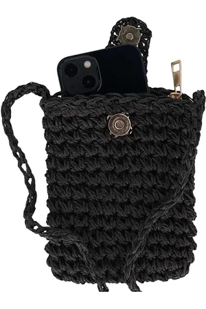 sarlini Telefoontasje dames met rits en drukknoop - Schoudertasje telefoon - Gevlochten papierstro