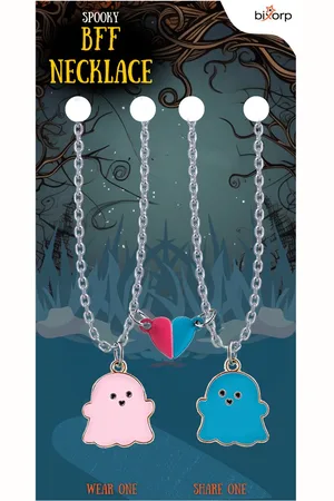Bixorp Friends BFF Ketting voor 2 met Roze & Blauwe Spookjes - Magnetisch Hartje Vriendschapsketting - Koppel Ketting Cadeau - Zilver - 45+5cm