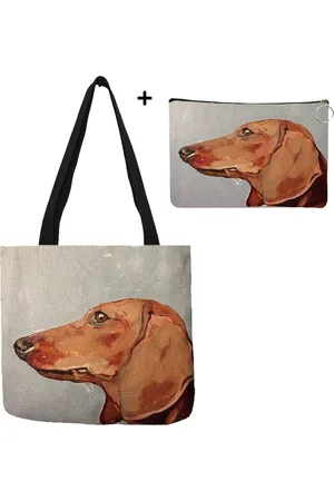 Merkloos Teckel - set draagtas met bijhorende toilettas - etui (25x17cm) - shopper - linnen - - verf - tote bag (35x35cm) - hond
