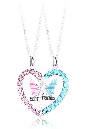 Bixorp Friends BFF Ketting met Vlinder Hartje - Zilverkleurig - Roze & Blauw - Magnetische Vriendschapsketting - Twee Helften Best Friends - Vriendschap Cadeau voor Twee