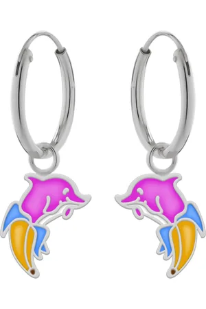 WeLoveSilver Zilveren oorringen met hanger, roze dolfijn in bananenkostuum