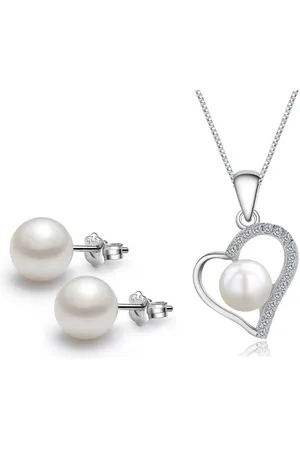 ASTRADAVI S925 Sterling Zilveren Sieraden Set - Sieraden Geschenkset - Hart Zirkoon Hanger Ketting - Echte Zoetwater Parel - Bijpassende Oorbellen - Cadeau Idee