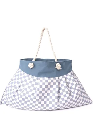 Merkloos Strandtas - Blauw/Wit - Geruit - Geblokt - Checkered - Ritssluiting - 65x40cm