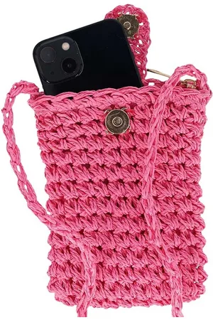 sarlini Telefoontasje dames met rits en drukknoop - Schoudertasje telefoon - Gevlochten papierstro