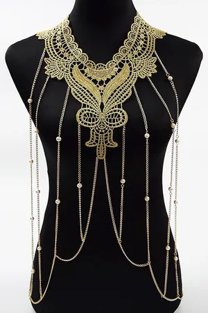 KIMU Body Chain Kant Victoriaans - Lichaamsketting Sexy Lace Buikketting Lichaam Ketting Harnas - Steampunk Collar Gouden Festival