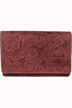 ARRIGO BELLO Rode Dames Portemonnee Leer Met Bloemenprint - Kleine Lederen Portemonnee