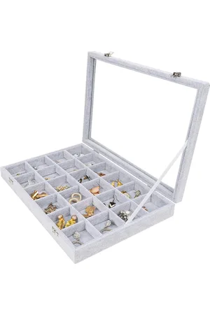 Merkloos Velours Sieraden Organiser Display Doos Tray 24 Secties met Glazen Deksel - Stapelbare Tray Voor Lades - Opslag Raster voor Ringen Ketting Armbanden Oorbellen en Horloges.