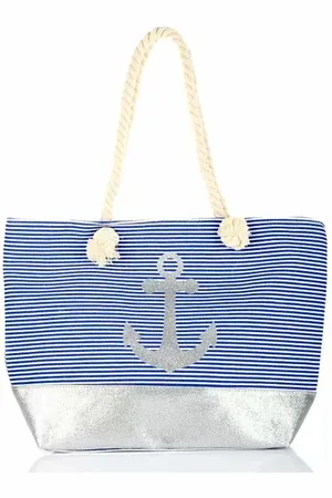 Merkloos Strandtas Zilver Anker & Blauwe Strepen - Beachbags - Strandtassen