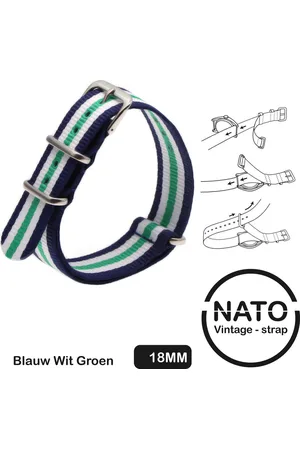 Merkloos 18mm Nato Strap Blauw met Groene en Witte streep - Vintage James Bond - Nato Strap collectie - Mannen - Horlogebanden - Blue Green - 18 mm bandbreedte voor oa. Seiko Rolex Omega Casio en Citizen
