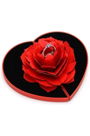 Merkloos Rose Ring Box Lifting 3D Roterend Oorbellen Sieraden Display Case - Valentijnsdag Verjaardag Dag (rood)