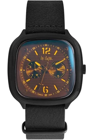 Lee LC06974.651 - Horloge - Analoog - Mannen - Heren - leren band - Vierkant - Zwart - Oranje