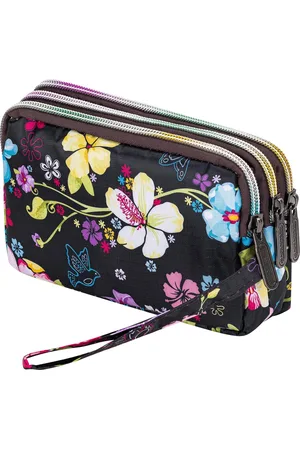 Merkloos Portemonnee met 3 Ritsen - Festival Tasje met Lus - Clutch - 18x12x6cm - Zwart met Bloemen Print - Dames Portemonnee