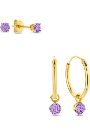 Silventi 9SIL-SET0019 Zilveren Set Oorringen met hangertje en Oorknopjes met Zirkonia - 15mm Doorsnee - Knopjes 3mm - - Zilver - Verguld/Goud op Zilver