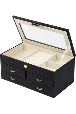 Merkloos 3 Storey Jewellery Box with Rose Gold Buckle - PU Leather Jewelry Storage - Soft Velvet - Gift for Your Loved Ones and Friends - Nero-11-4